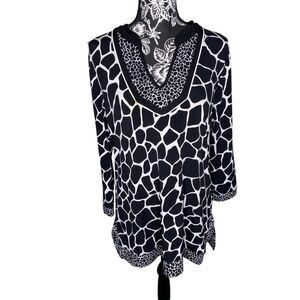 Dana Buchman Animal Print Tunic Black White Stretch V Neck Womens Small Funky